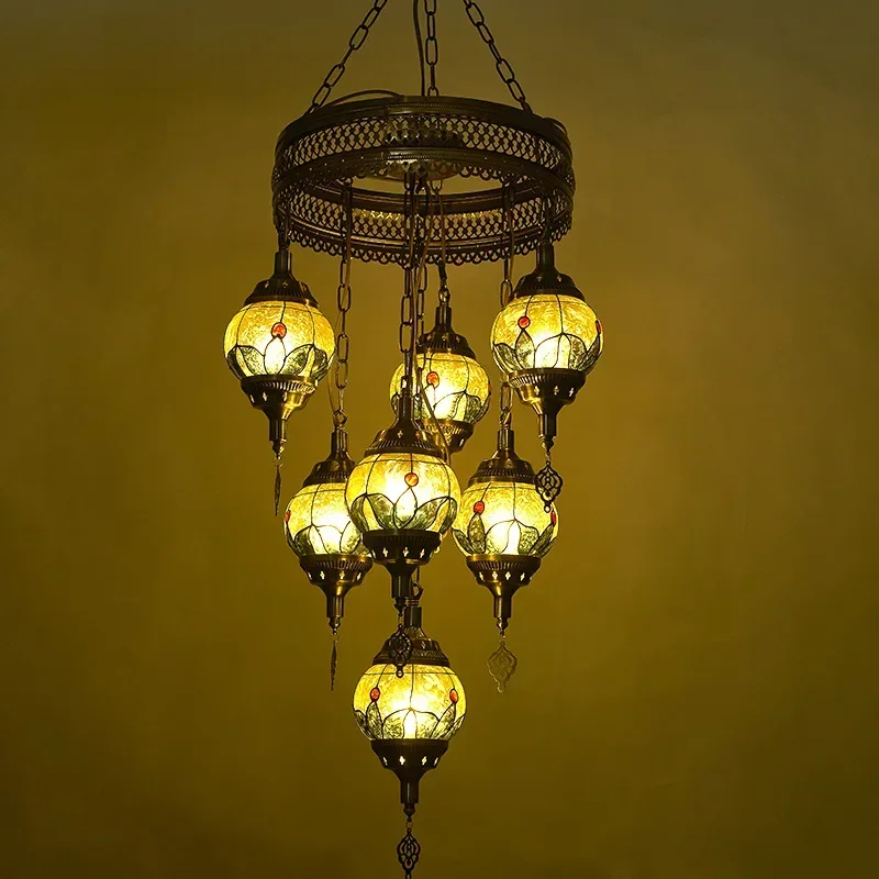Vintage Turkish Chandeliers E27 Colorful Handmade Glass Lampshade Industrial Suspension 1/7 Heads Chandelier for the Living Room