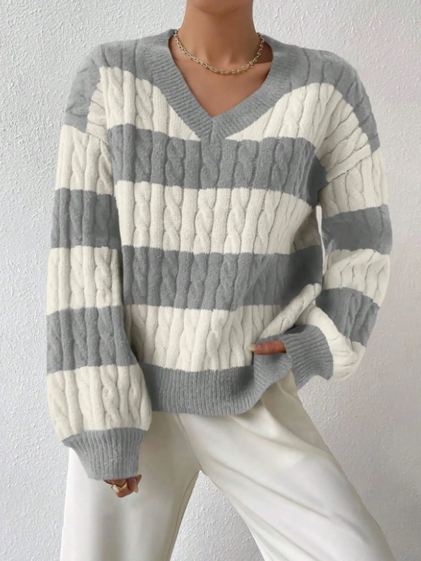 Autumn Long Sleeve V Neck Tops Loose Stripes Knitted Sweater T Shirt 2025 Fashion Pullover Harajuku Women Clothing Jumper