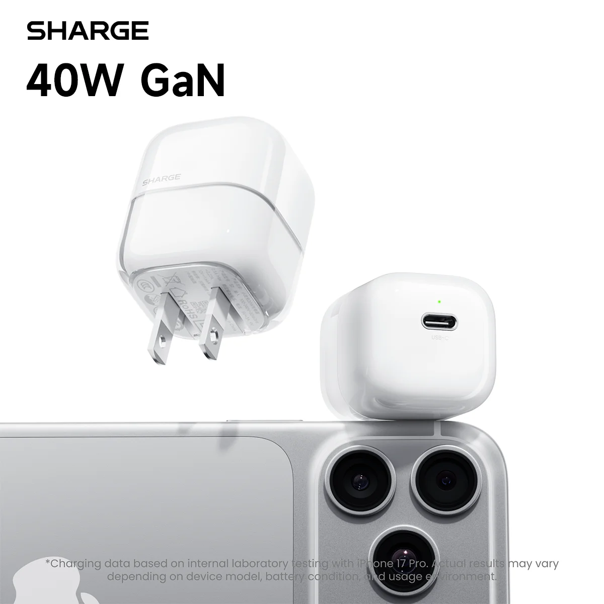 sharge-40w-gan対応壁掛け充電器。急速充電が可能で、折りたたみ式プラグを採用。iphone-18-pro、galaxy、ipad、pixel、ノートパソコンに対応し、avs充電をサポート。