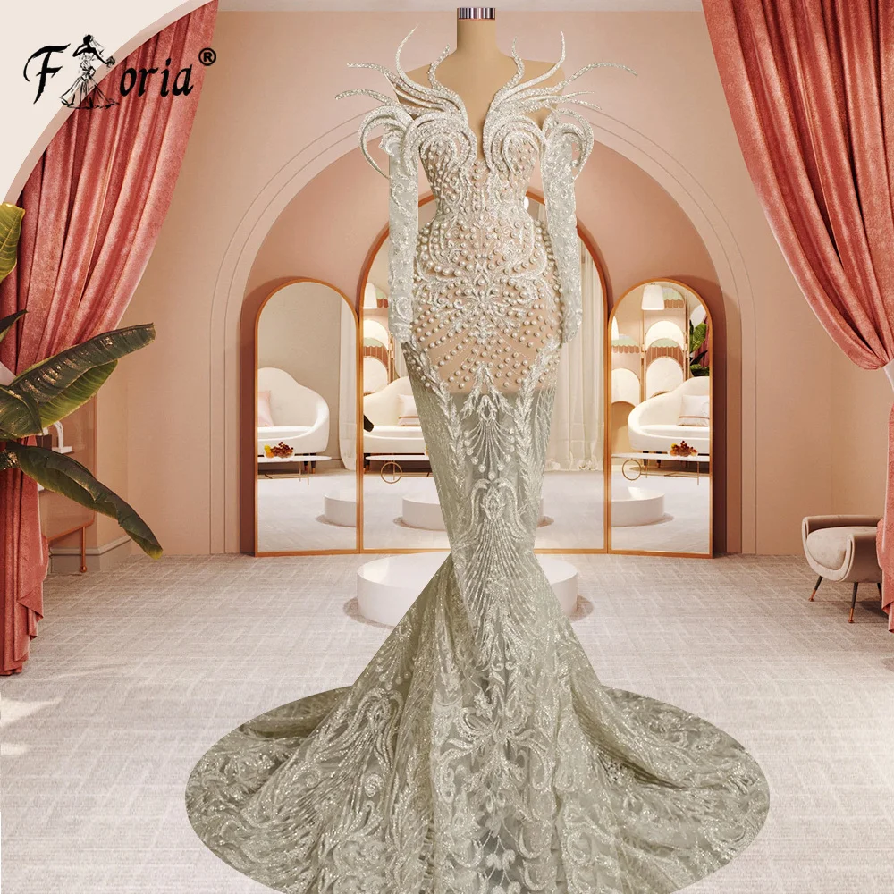 Glamoureuze Parels Zeemeermin Trouwjurk Lange Mouwen Dubai Appliques 3d Formele Gelegenheid Jurken Vestidos Para Mujer Robe Femme Lang