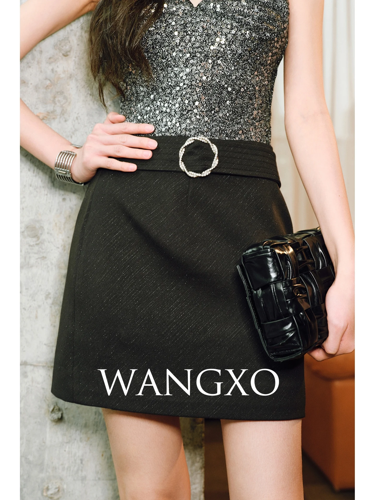 

Shiny Thread Meteor Shower Checkered Wide Waistband Decorative Ring A-Line High Waist Commute Short Half Skirt Women's Fashion
