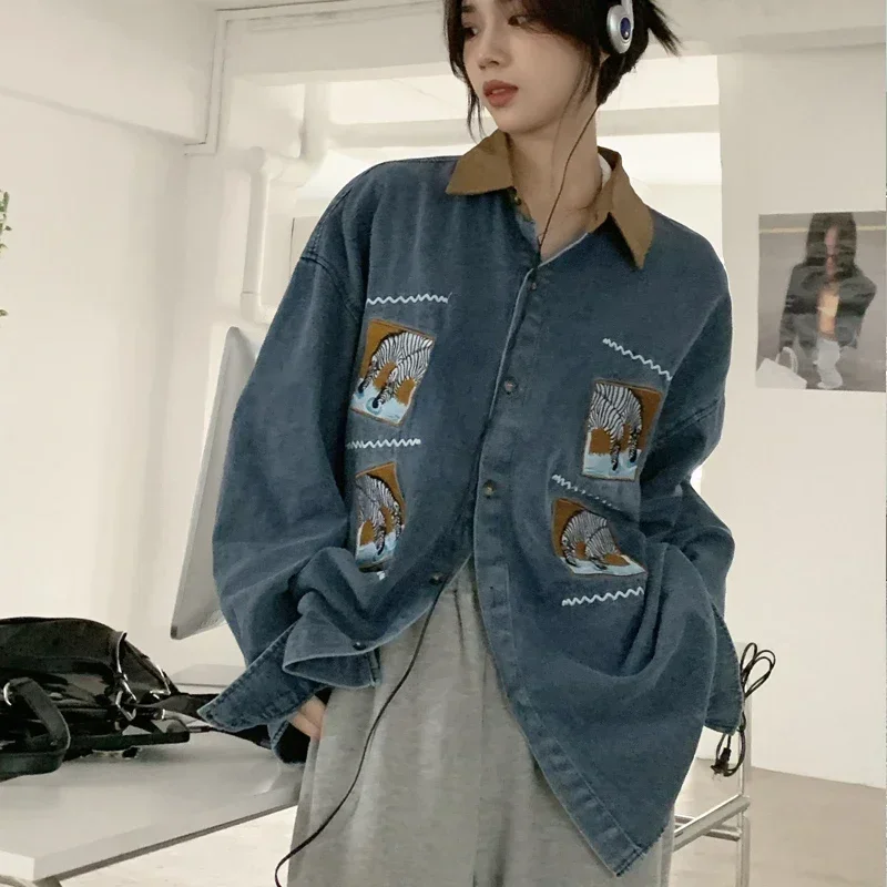 

Women Vintage Streetwear Loose Patchwork Long Sleeve Blouses 2025 Fashion Zebra Embroidered Denim Shirts