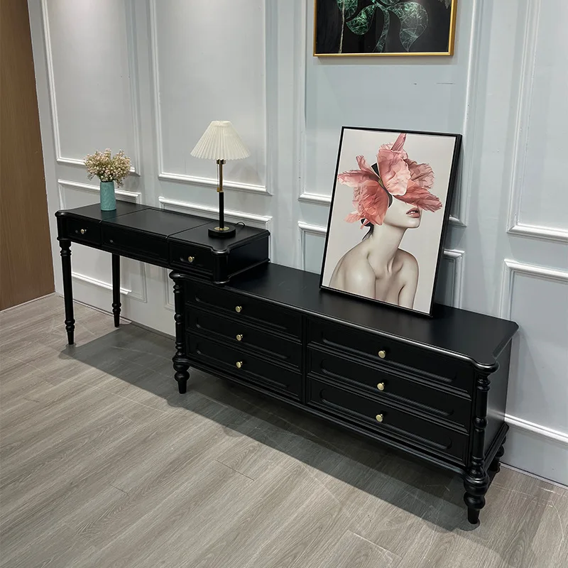 American retro style black all solid wood makeup table storage cabinet American chest dresser integrated