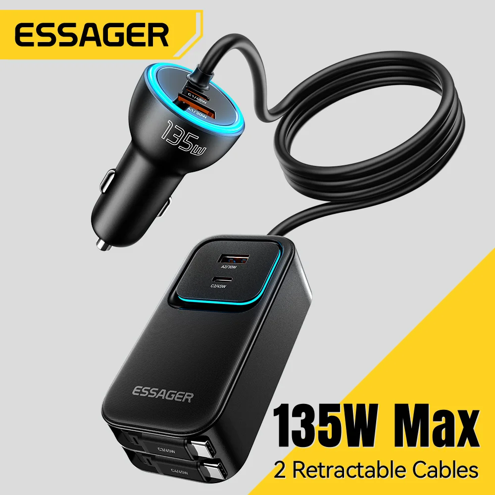 Essager 135W Dual Retractable Cable Car Charger Type-C PD QC Fast Charging Rear Socket for iPhone 17 Samsung Huawei Laptop