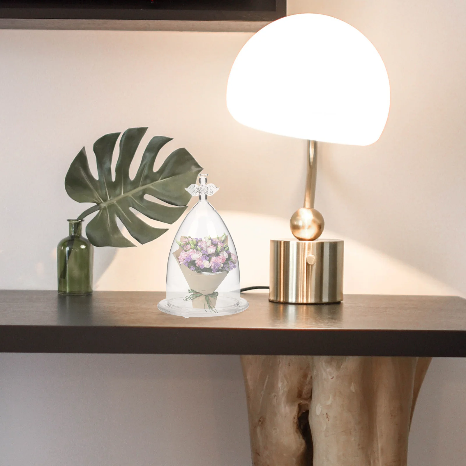 

Glass Cover Protector with Wood Base Creative Small Desktop Decor Home Decorative Cover for Preserved Flowers