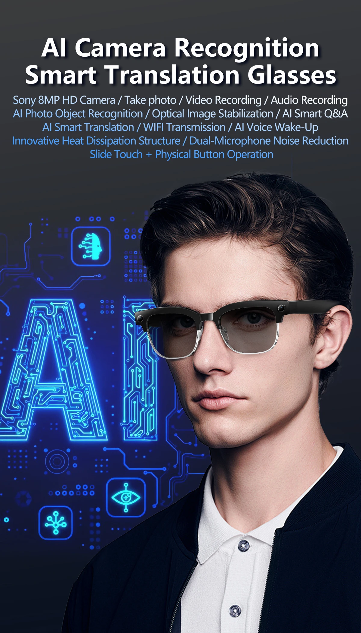 2026 Neue KI-Smart-Brille mit 120+ Sprachübersetzung, 800W Pixel Kamera, Video-Musikplayer, Anruffunktion, Business 8K Farbwechsel-Brille für Herren – Detail 1