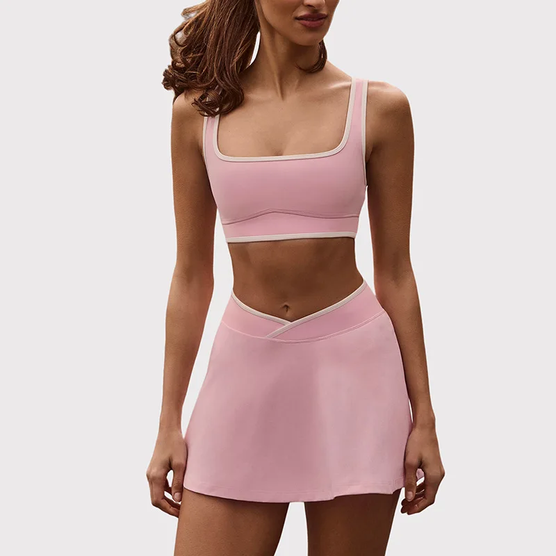 Shock-Absorbing Sports Bra with Padded Cups, High-Stretch Brushed Fitness Top, Tennis Skirt, and Halter-Neck Set