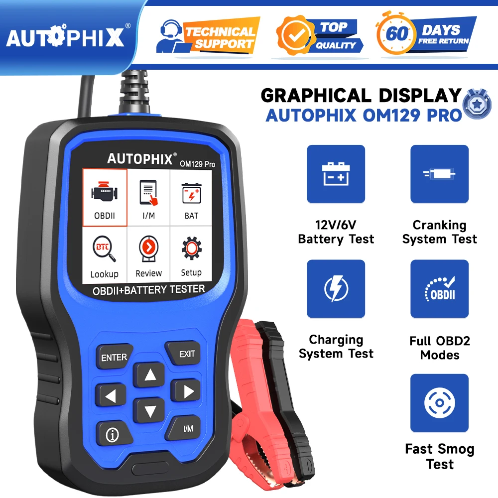 Lecteur de codes OBD2 avec mise à jour gratuite à vie, testeur de batterie 2-en-1, lecteur de codes moteur AUTOPHIX OM129, lecture de la prêtsécurité I/M et définition des DTC pour toutes les voitures OBD2 de 1996 et après