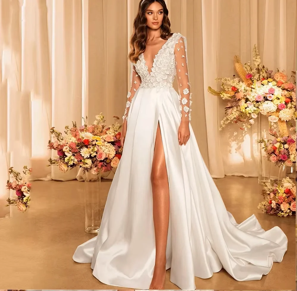 Elegant A Line Long Sleeve Wedding Dresses Sexy Side Slit V-Neck Bridal Gowns 3D Floral Appliques Bride Dress Vestidos De Noivas
