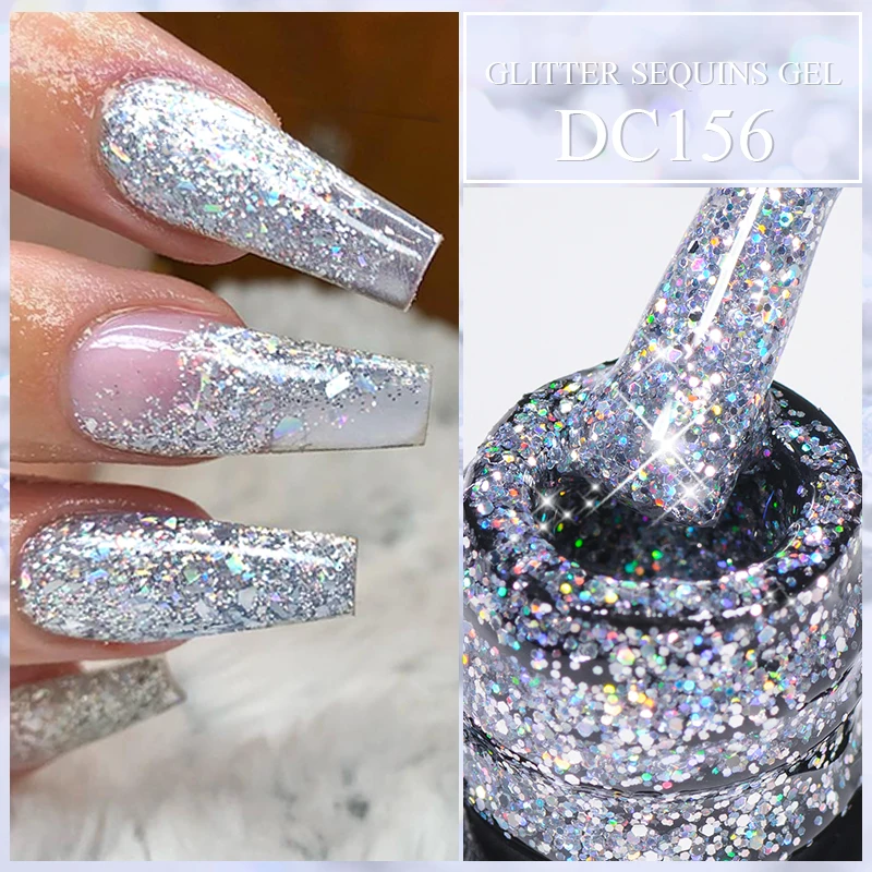 Mtssii 7ML Silver Glitter  Sequins Gel Nail Polish Shining Sparkling Semi Permanent Soak Off Base Top Coat Nail Art Gel Varnish