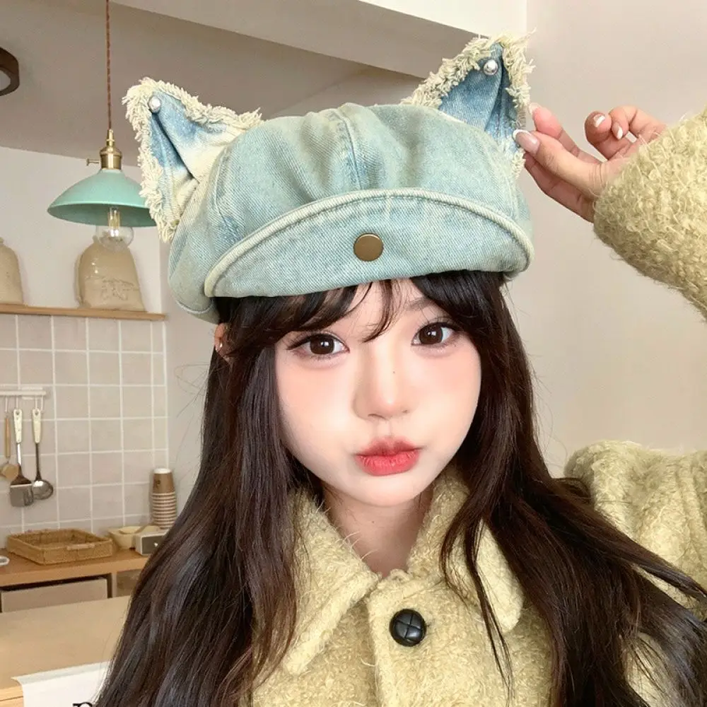 Cute Cat Ear Octagonal Newsboy Cap Washed Denim Beret Hat Japanese Vintage Style Fashion Spring Summer Breathable Visor Caps