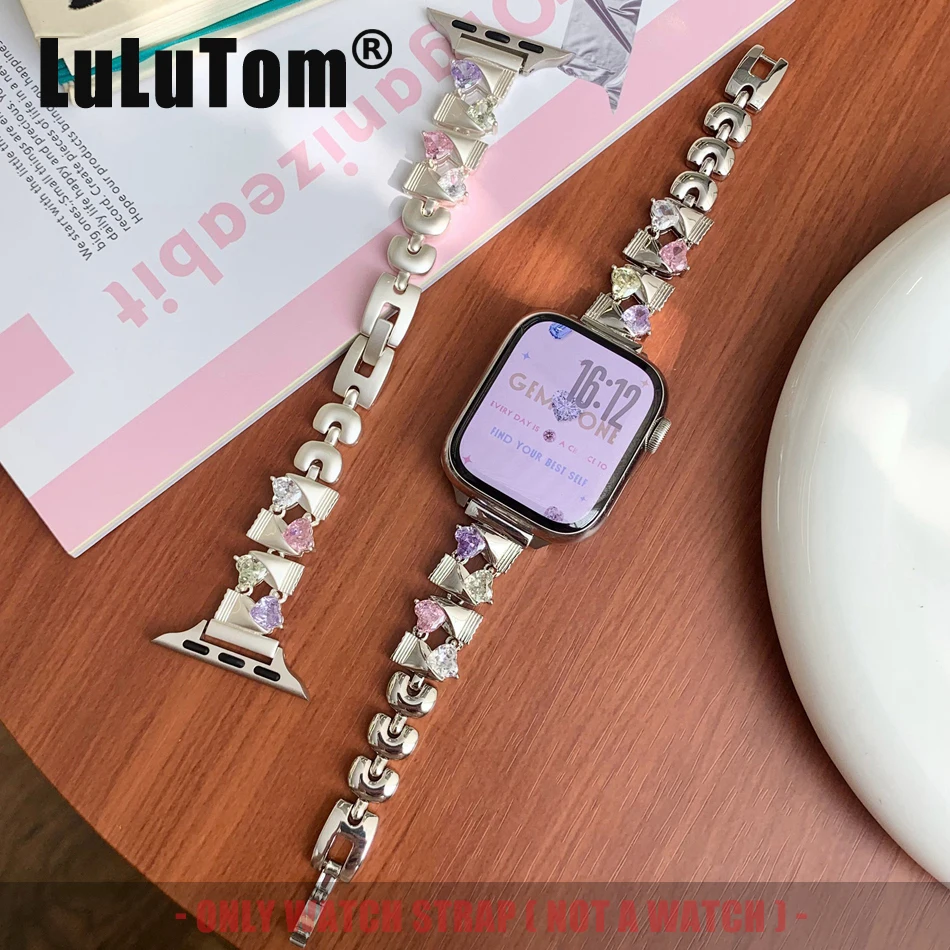 

Цирконовый ремешок в форме сердца для Apple Watch Series 10 9 8 7 6 SE 5 4 Ультра роскошный ремешок iwatch 46 42 38 40 41 44 45 49 мм Браслет