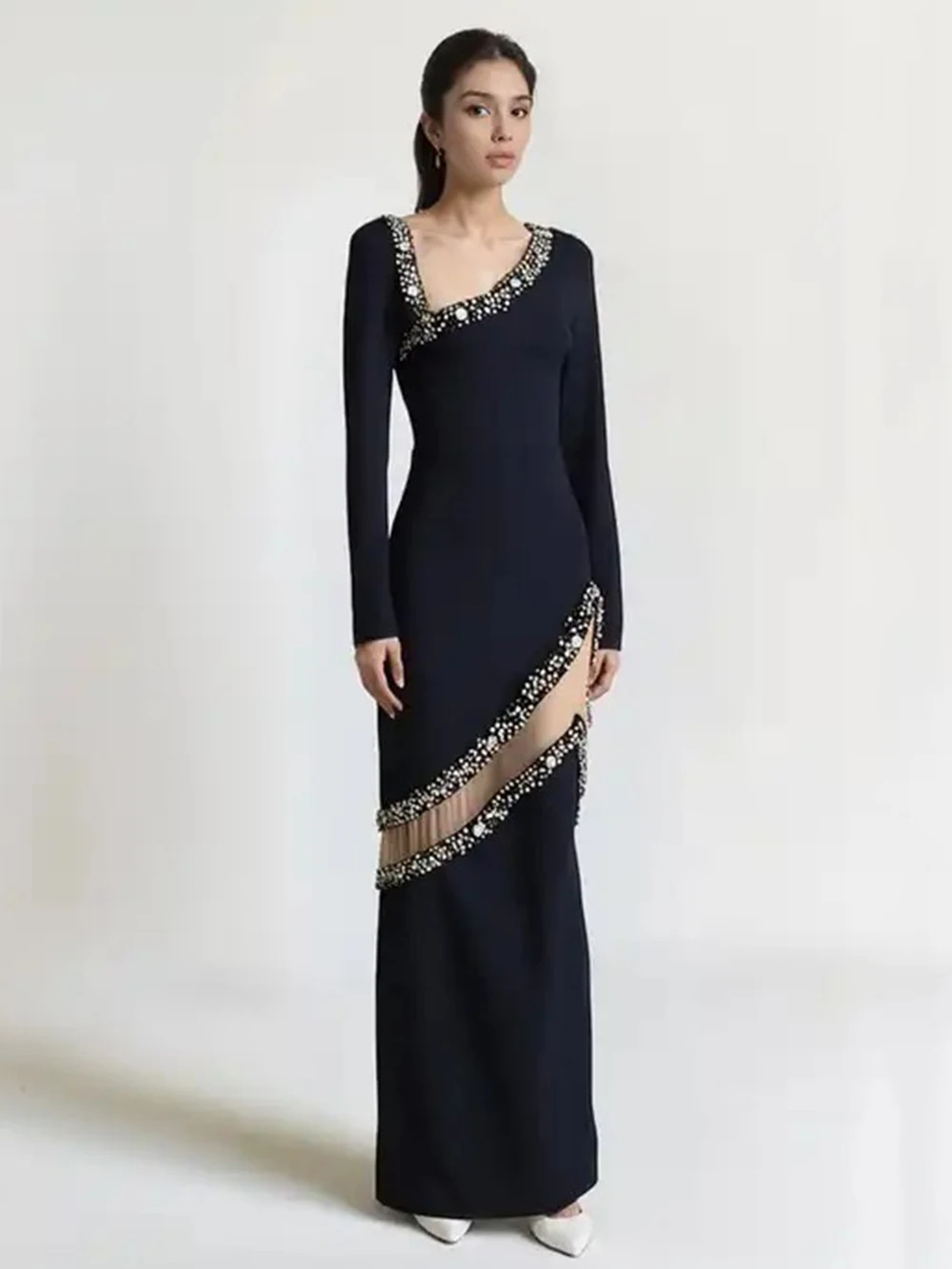 فستان Modphy الماسي الأنيق بأشرطة مثير بياقة غير منتظمة وأكمام طويلة ملابس مرقعة فساتين المشاهير والحفلات والنوادي #1