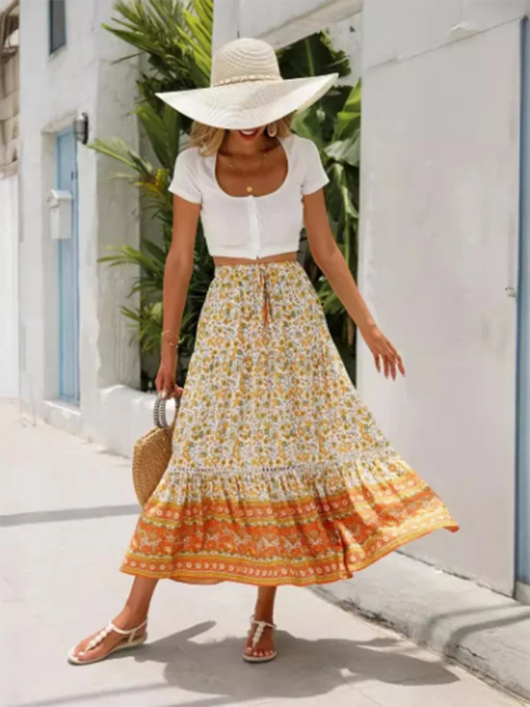 GELITAYIN Floral Printed Long Skirt Lace Up Slightly Elastic Women's Half Skirt Vacation Leisure Bohemian Style Summer Half Skir