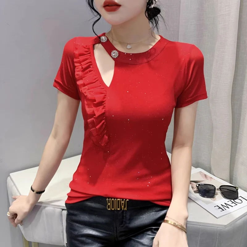 M-3XL New 2023 Summer Short Sleeved Women T-Shirt Fashion Casual O-Neck Ruffles Mesh Tops Female Hollow Out Tees Blusas Clothes