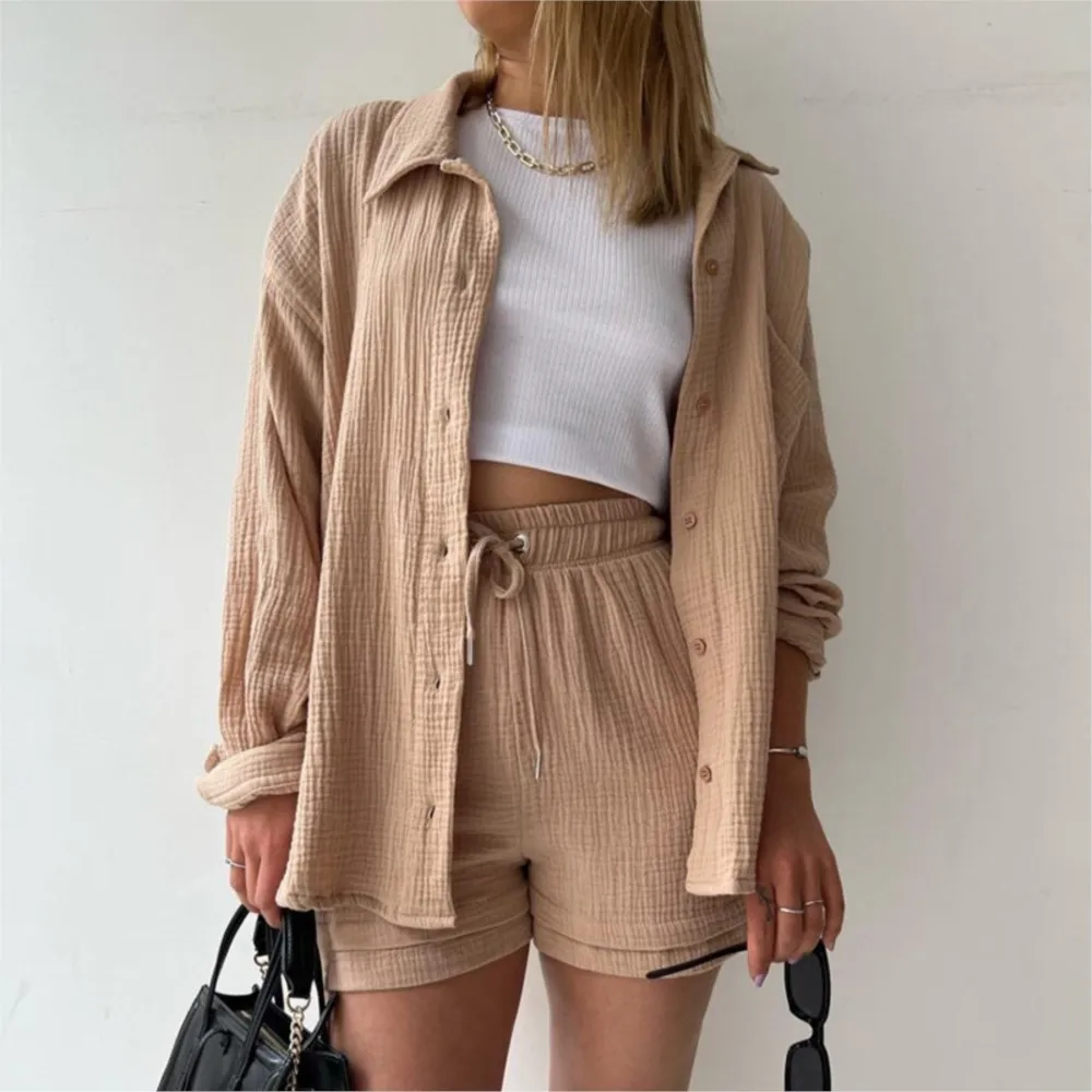 2 Piece Sets Women Outfit Wrinkled Top, Shirt, Lace-up Wide-leg Shorts, Solid Color Home Wear, Summer High Street Women\'s Wear