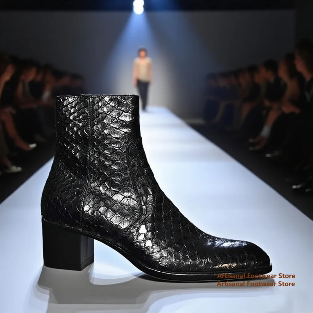 Snake Pattern Chelsea Boots for Men Spring and Summer Side Zipper High-Top Leather Booties British Style Handmade Men Boots