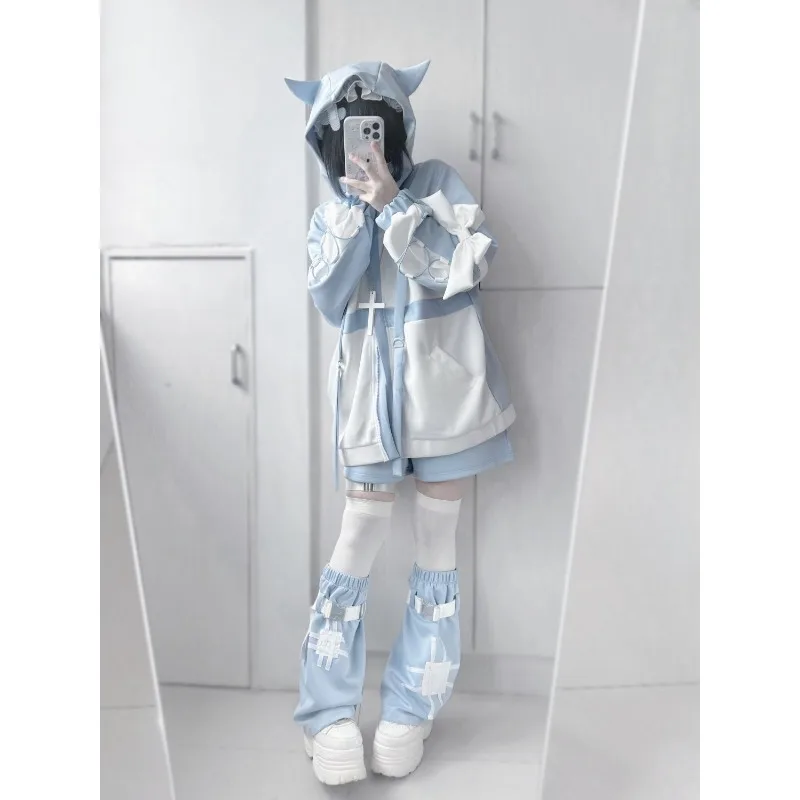 

Japanese Y2k Aesthetic Kawai Hoodies Pants Suit Women Cosplay Zipper Sweatshirt Oversized Coats Harajuku Ruffled Patch Coat