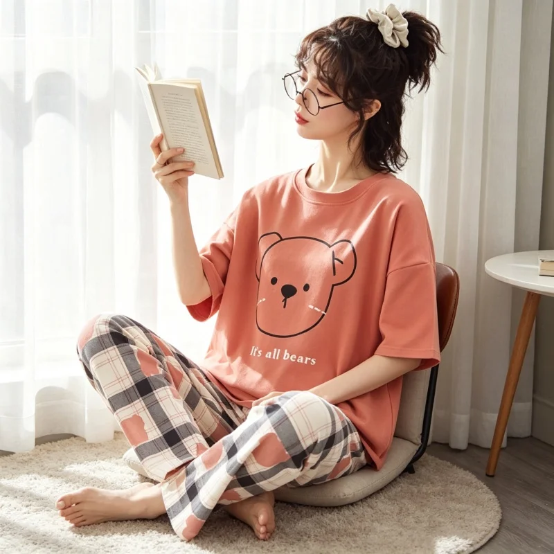 Women Bear Print Loungewear Set, Short Sleeve Top and Plaid Pants, Cute Casual Home Wear