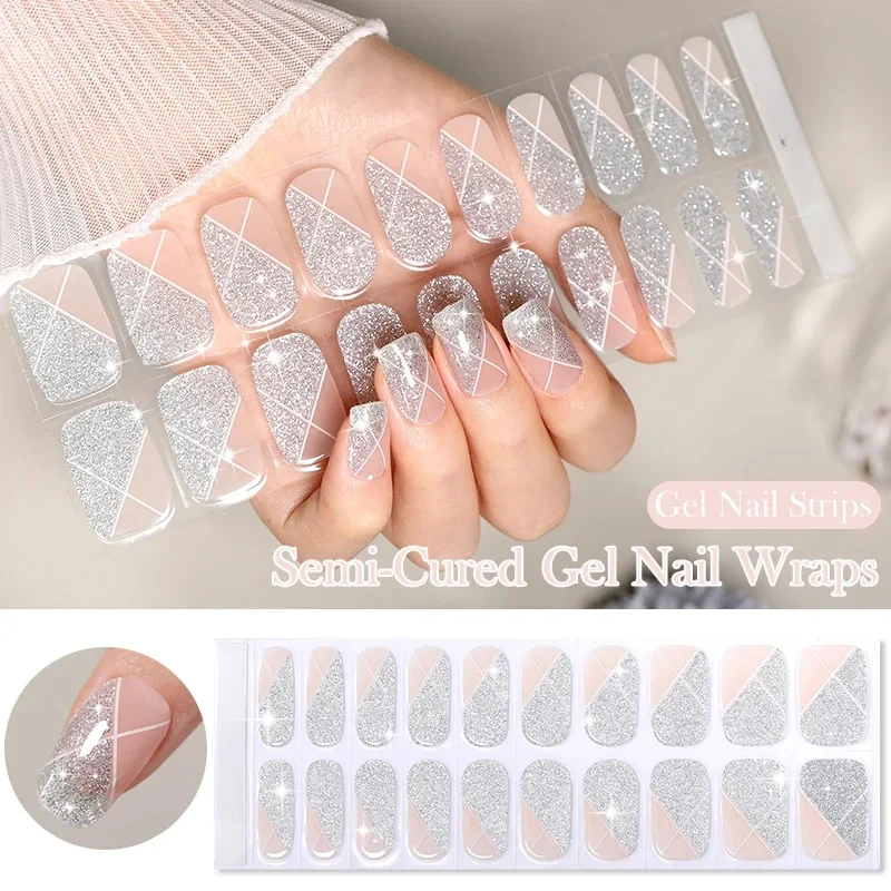 16/20Tips Glitter Lines Semi-Cured Gel Nail Sticker Patch UV Lamp Need Long Lasting Shining Full Cover Gel Nail  Decals Strips