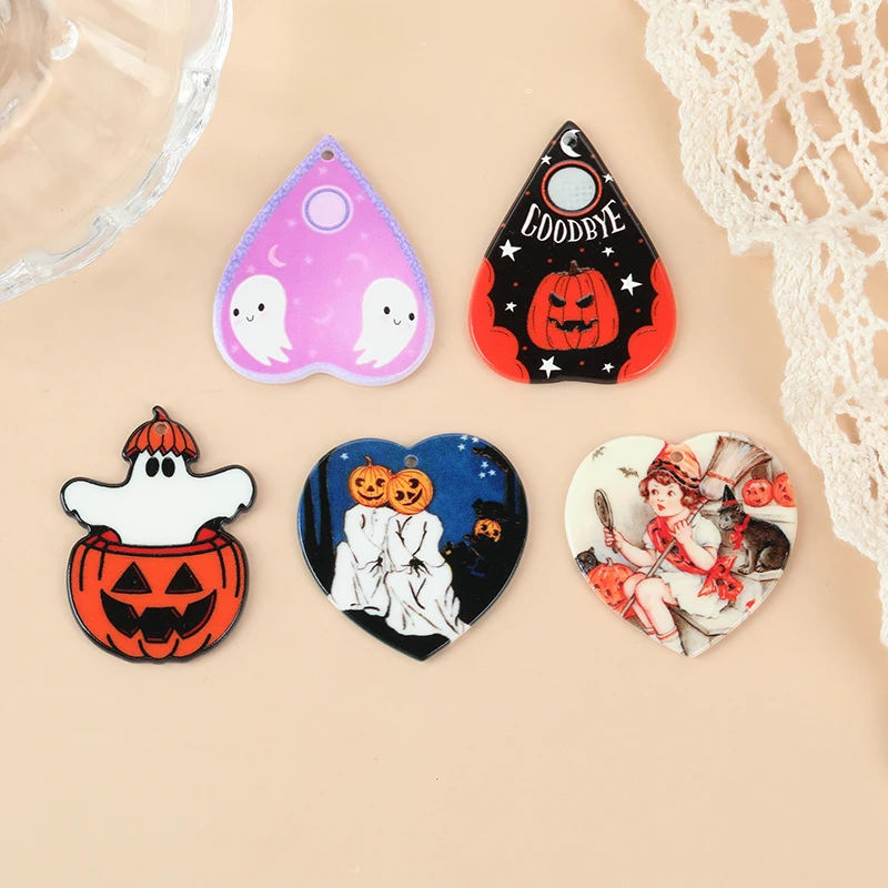 10Pcs Vintage Halloween Charms Creative Acrylic Ouija Pumpkin Ghost Pendant For Necklace Keychain Diy Making