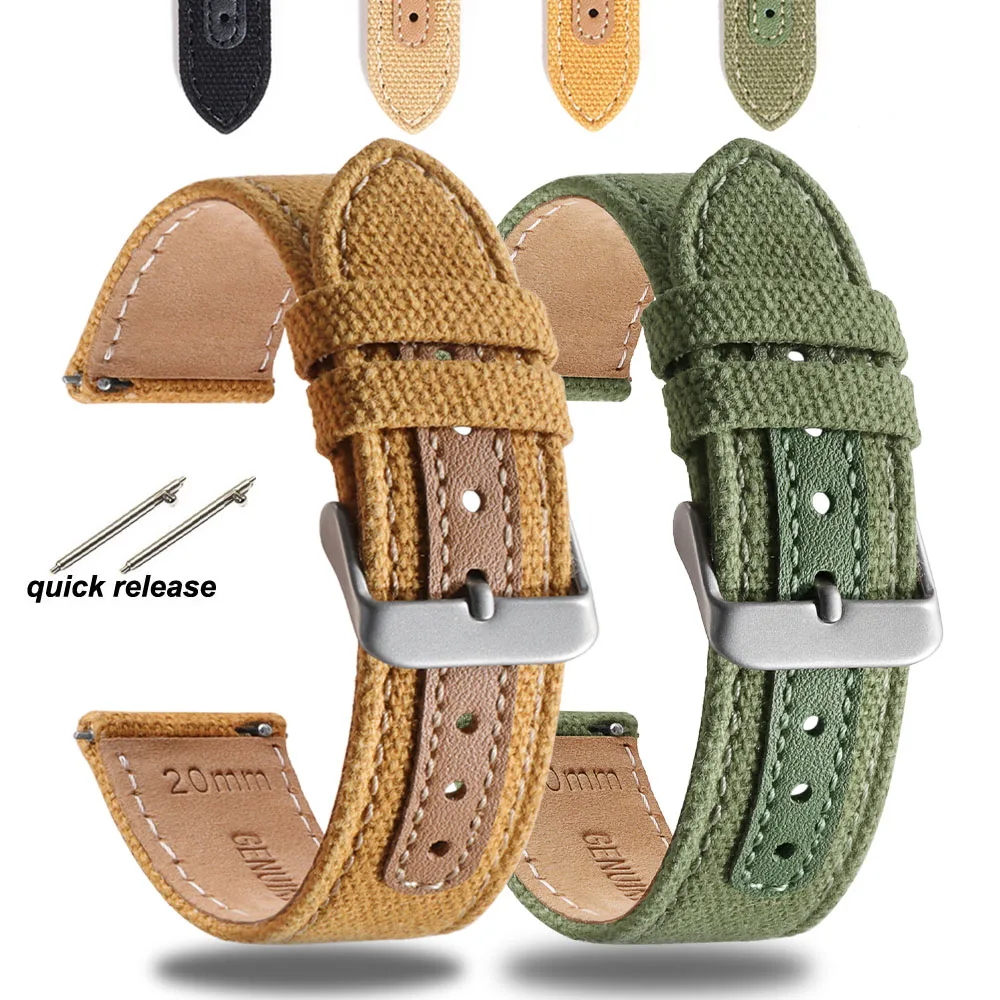 Bracelet de montre en cuir véritable et nylon pour hommes et femmes, bracelet à dégagement rapide, bracelet tissé vintage, bracelet de remplacement, 20mm, 22mm