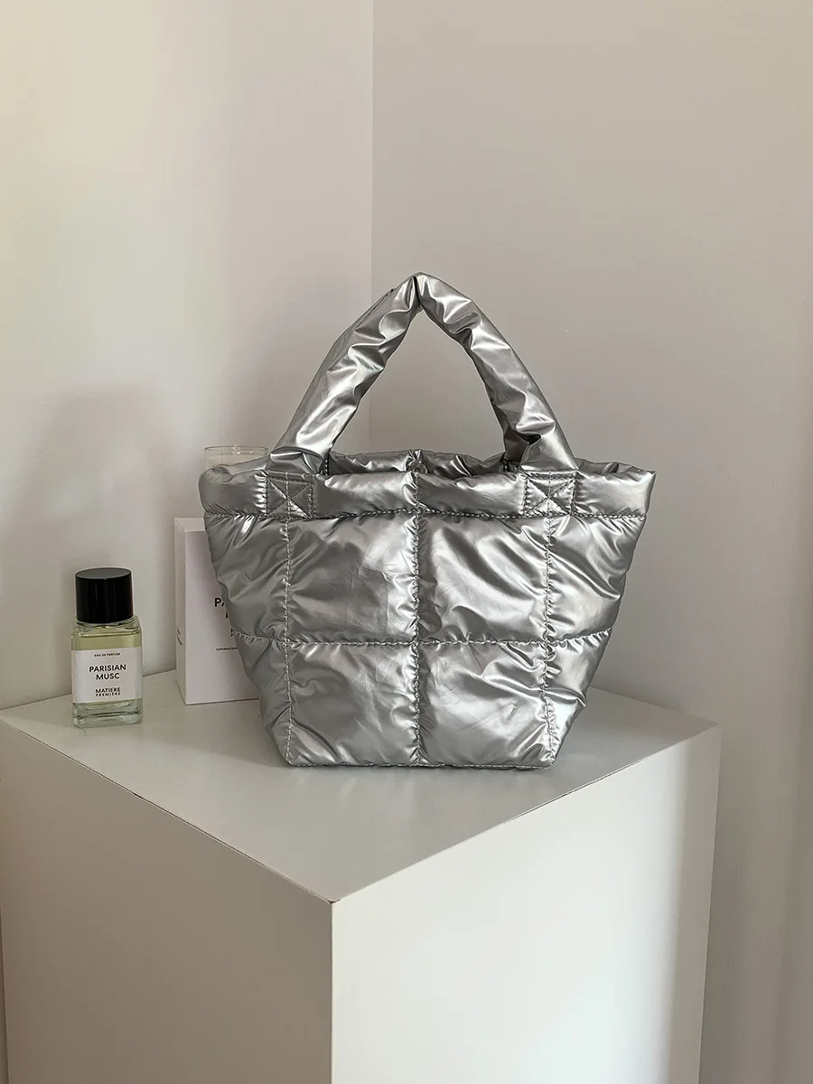 LEFTSIDE Silver Small Casual Quilted PU Shoulder Bag for Women 2023 New Trendy Korean Fashion Handbags Designer Padded Tote Bag