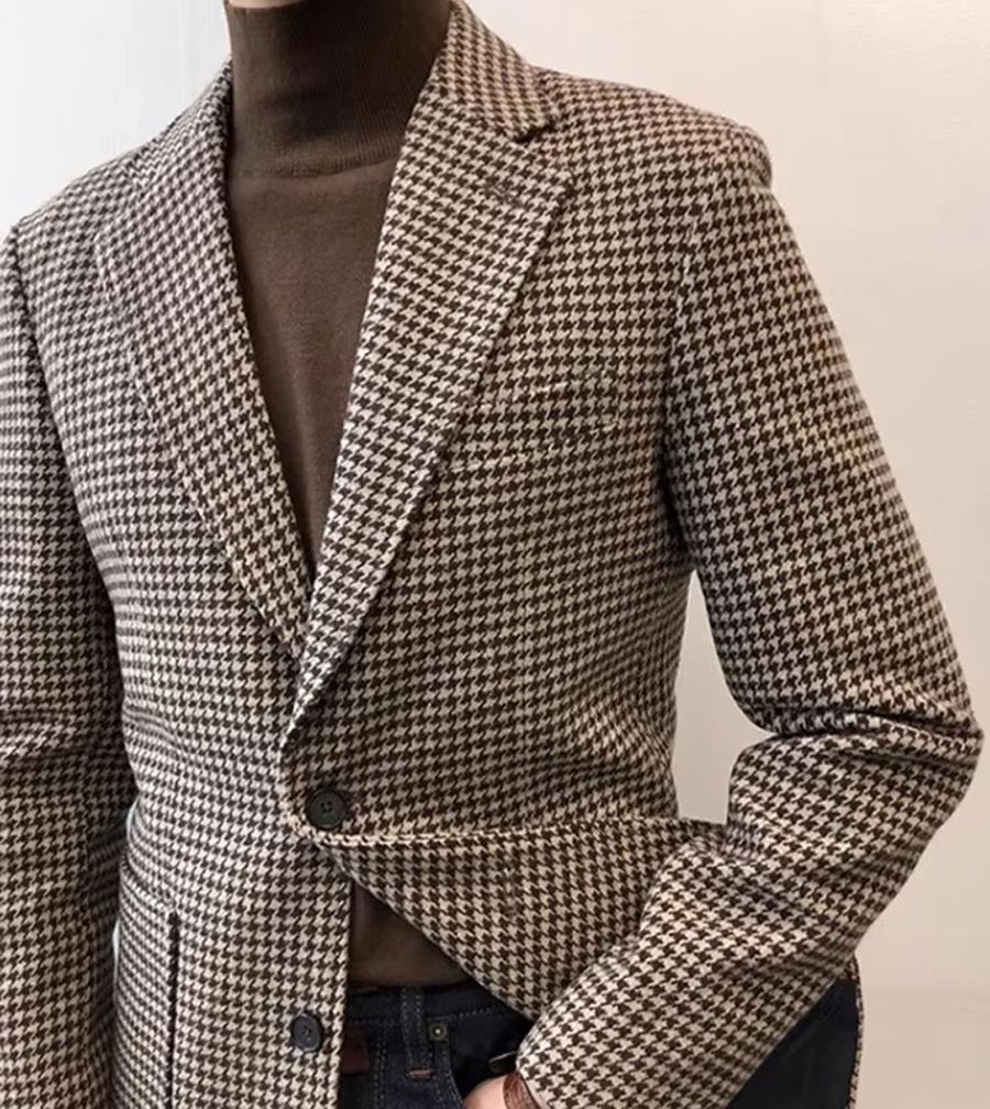 

Houndstooth Plaid Casual Blazer Autumn Winter Casual Men's Suit Jacket Slit Slim Fit Wedding Business Male Coat Fashion 2025 NEW