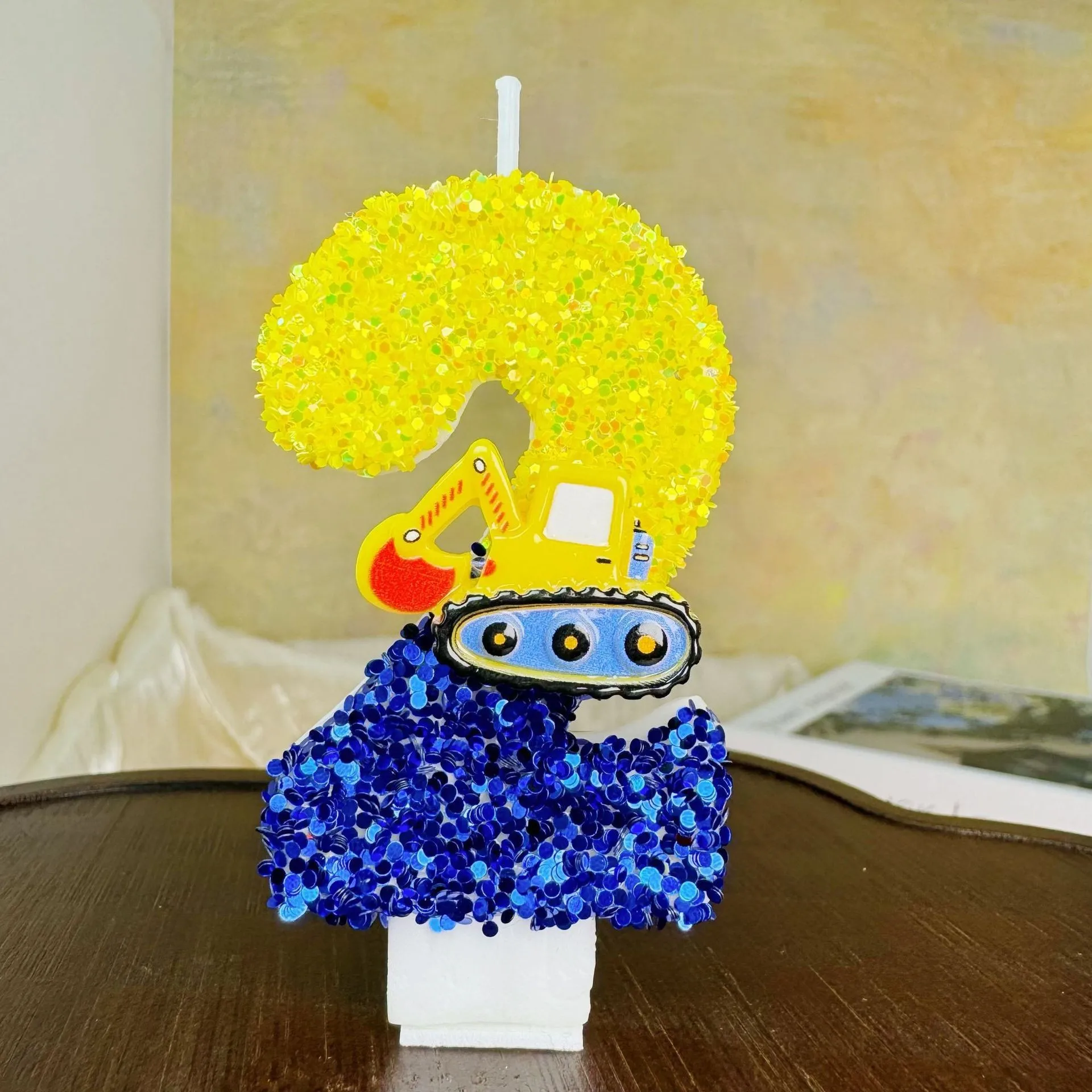 Yellow and blue excavator digital candles, party gifts, holiday decorations, birthday and anniversary candles