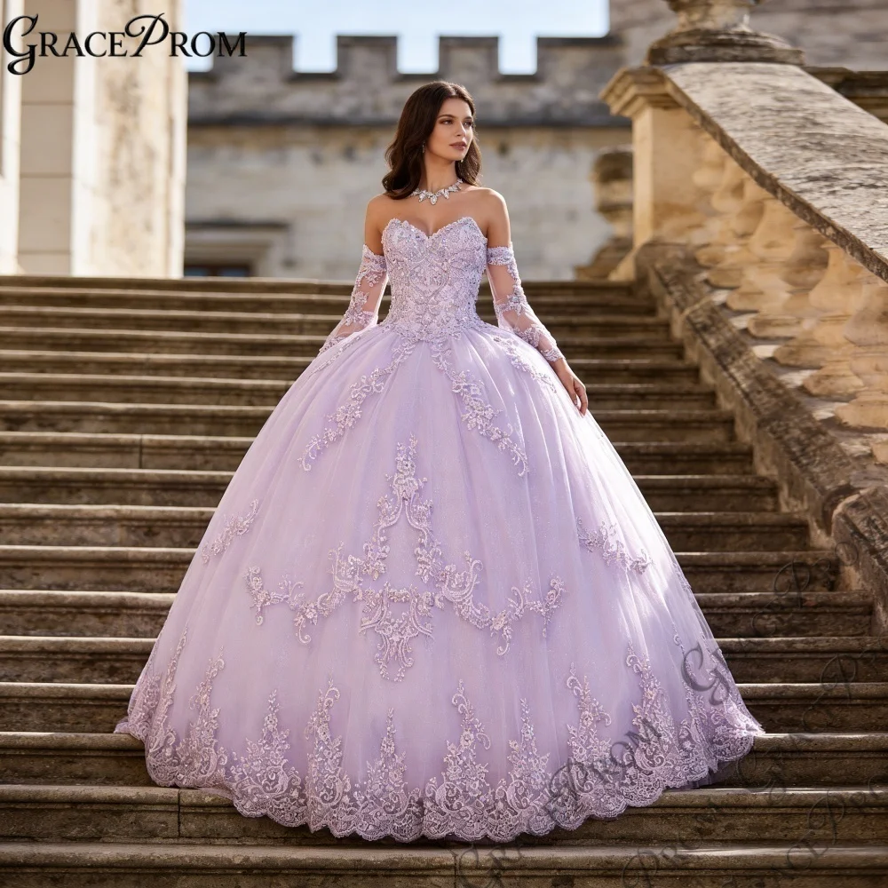 

Luxury Lavender Off Shoulder Quinceanera Dresses Long Sleeves Lace Appliques Glitter Tulle Sweet 15 16 Prom Formal Evening Gowns