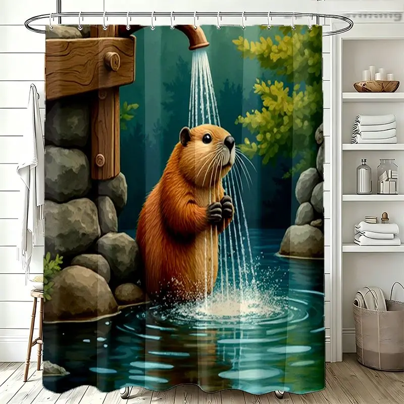 The Cute Beaver in the Shower Waterproof Shower Curtain for Bathroom Decor Jungle Woodland Animal Print Tropical Stream