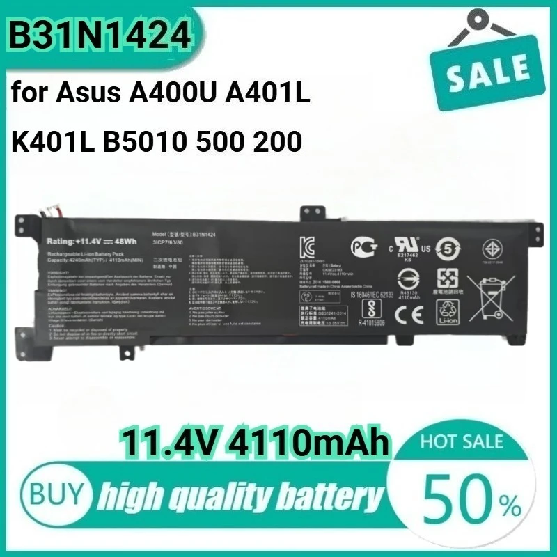 

11.4V 48Wh 4110mAh B31N1424 Laptop Battery for Asus A400U A401L K401L B5010 500 200 K401LB5010 0B200-01390000 A401LB A401UB