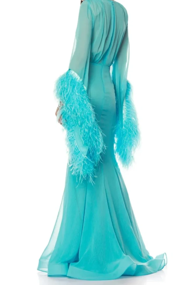Jessica Sexy Deep V Neck Evening Dresses Handmade Luxury Long Sleeve Feathers Prom Dresses Sky Blue Party Dresses Customized