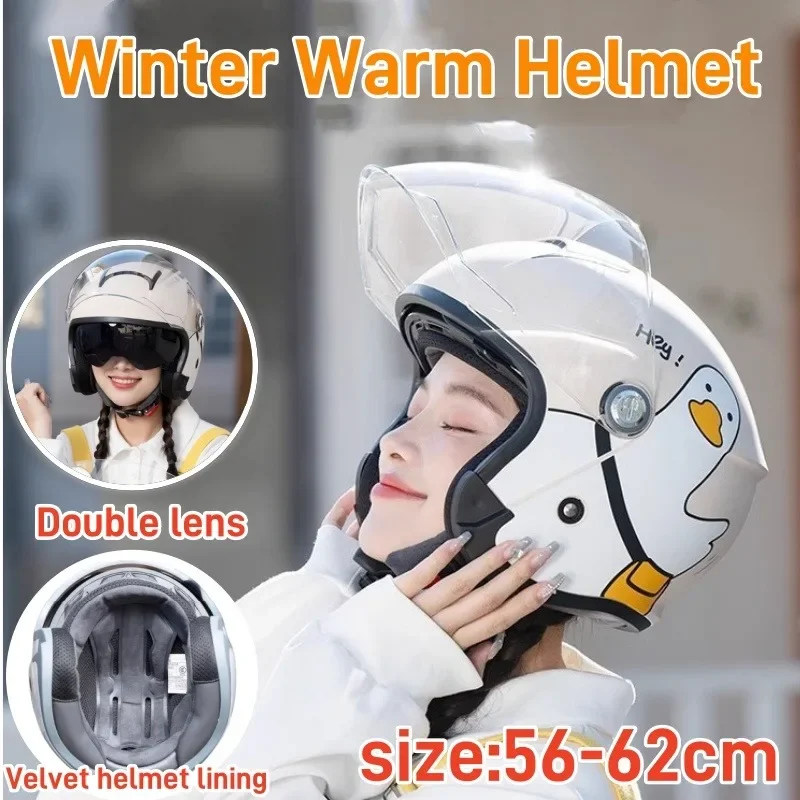 Motorcycle/electric Bike Helmet Winter Fleece Insulation Lining, Double Lens Half Helmet Anti Fog Lens Cute Little Duck Pattern