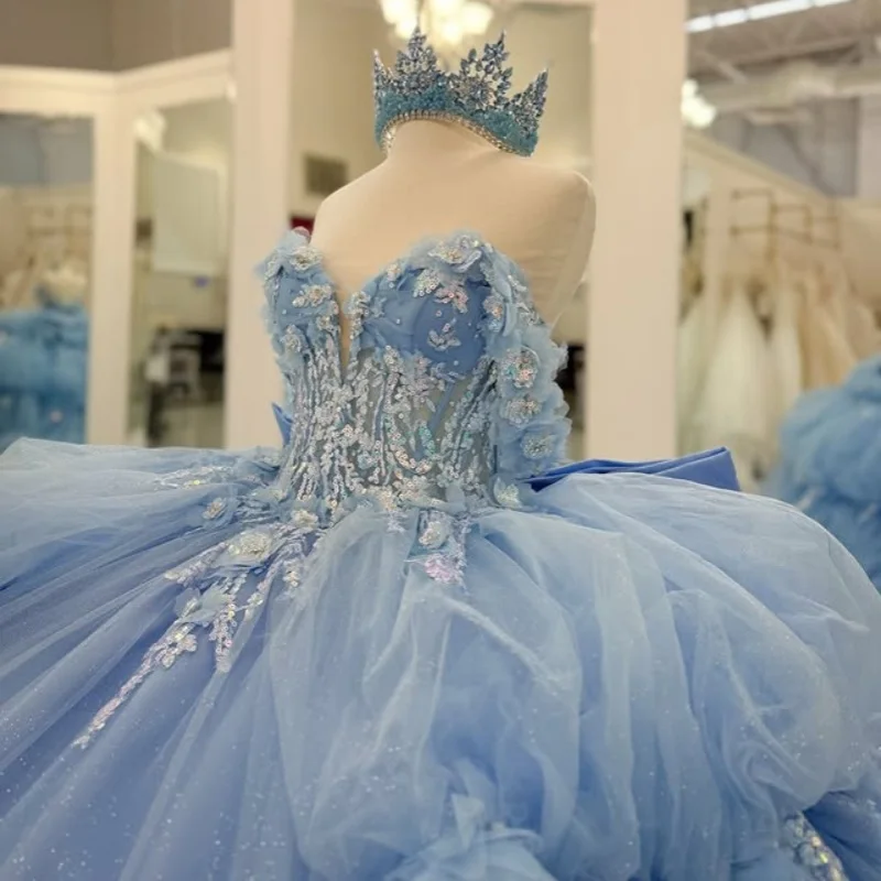 

Блестящее небесно-голубое платье Quinceanera с открытыми плечами, кружевное 3D цветочное блестящее платье с бантом и длинным хвостом, платья de 15, Quinceanera ﻿ Настроить