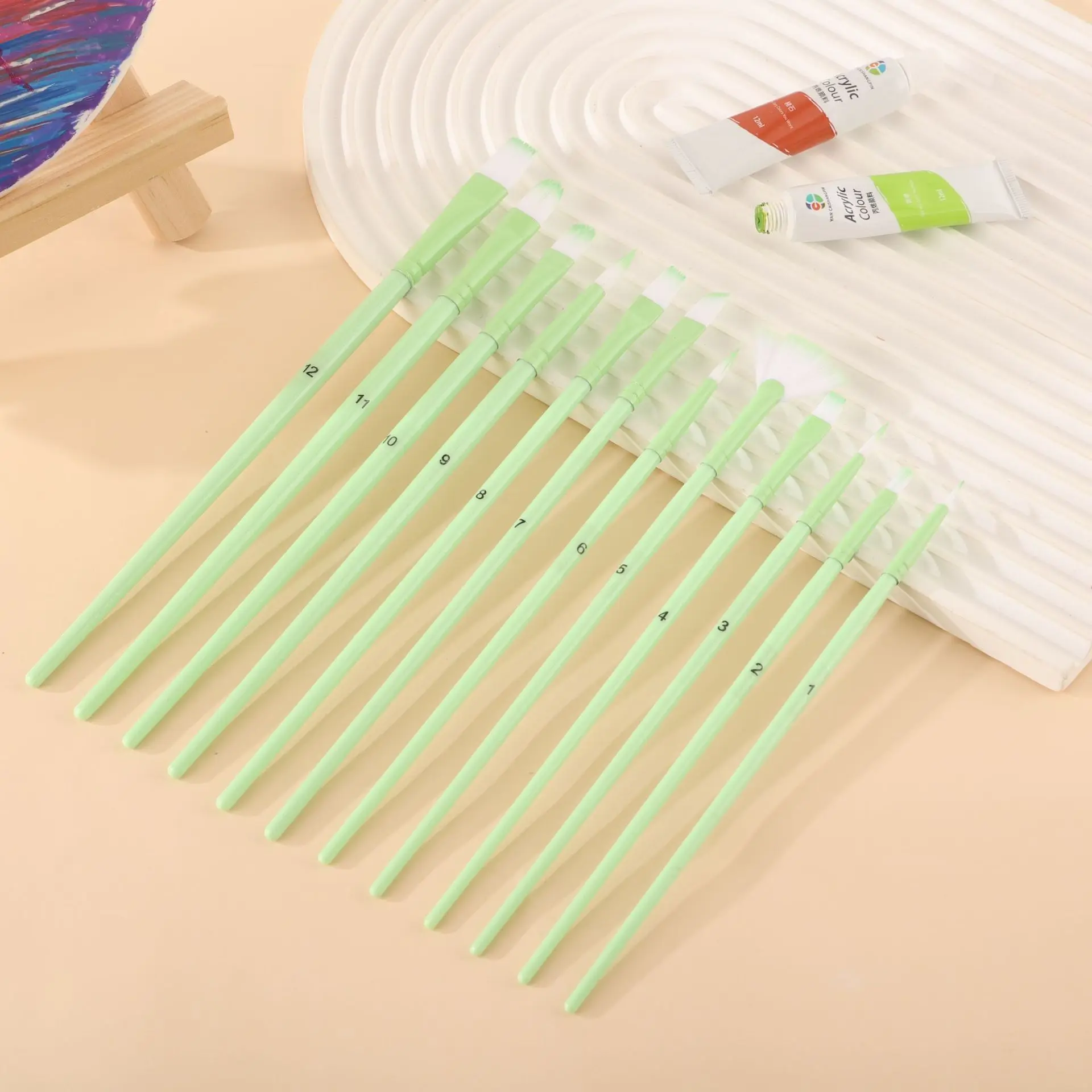 Two Tone Nylon Hair 12 Pcs Set Multi-functional Watercolor Art Oil Painting Brushes DIY Acrylic Short Plastic Rod Art Supplies
