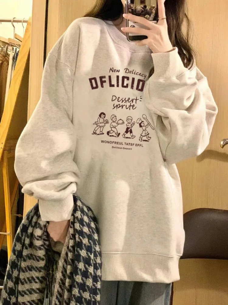 American Cartoon Print Plush Sweatshirt Women Autumn Winter 2025New Oversize O-Neck Long sleeve Pullover Y2K Top Female Clothing