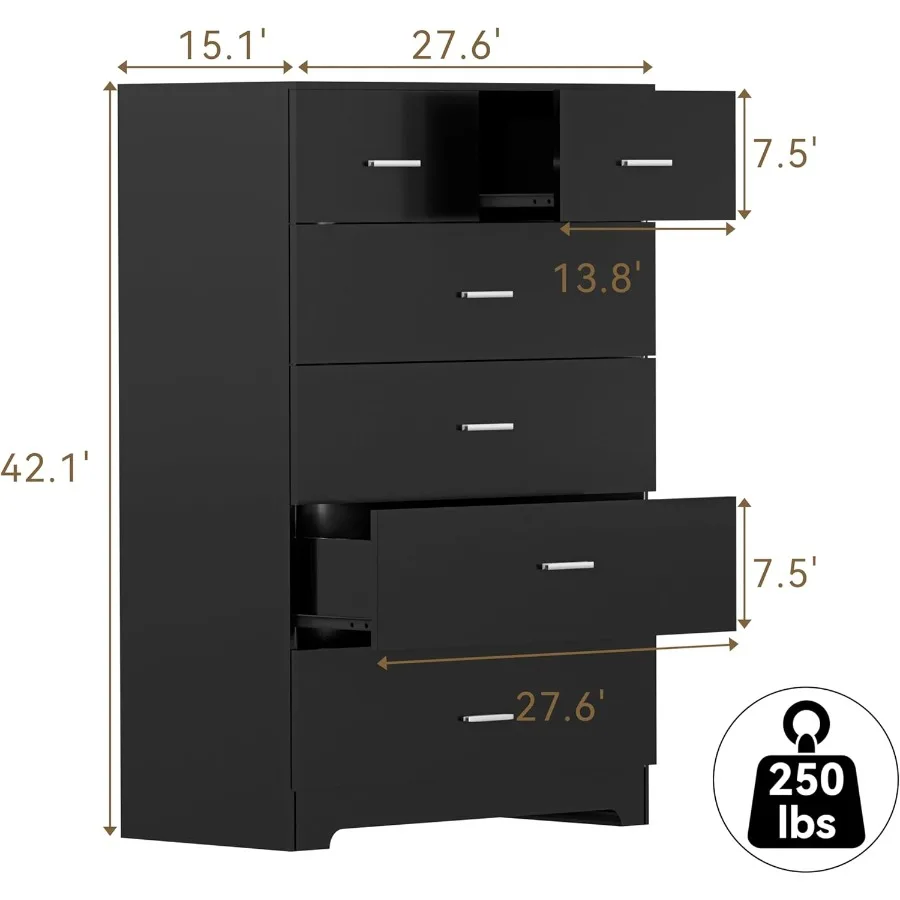Wooden 6-Drawer Dresser with Integrated Power Outlets and Large Storage Organizer in Black Finish Tall Modern Chest of Drawers