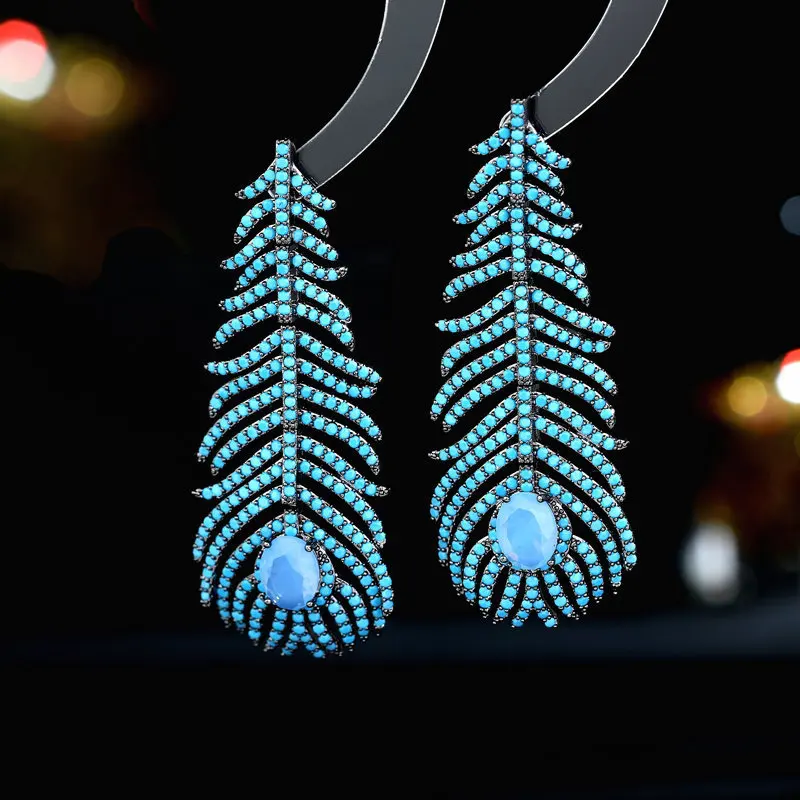 

Europe Style Vintage High-grade Feeling Simple Earring Inlaid Zircon Exaggerated Long Feather Earrings for Women Banquet Dress