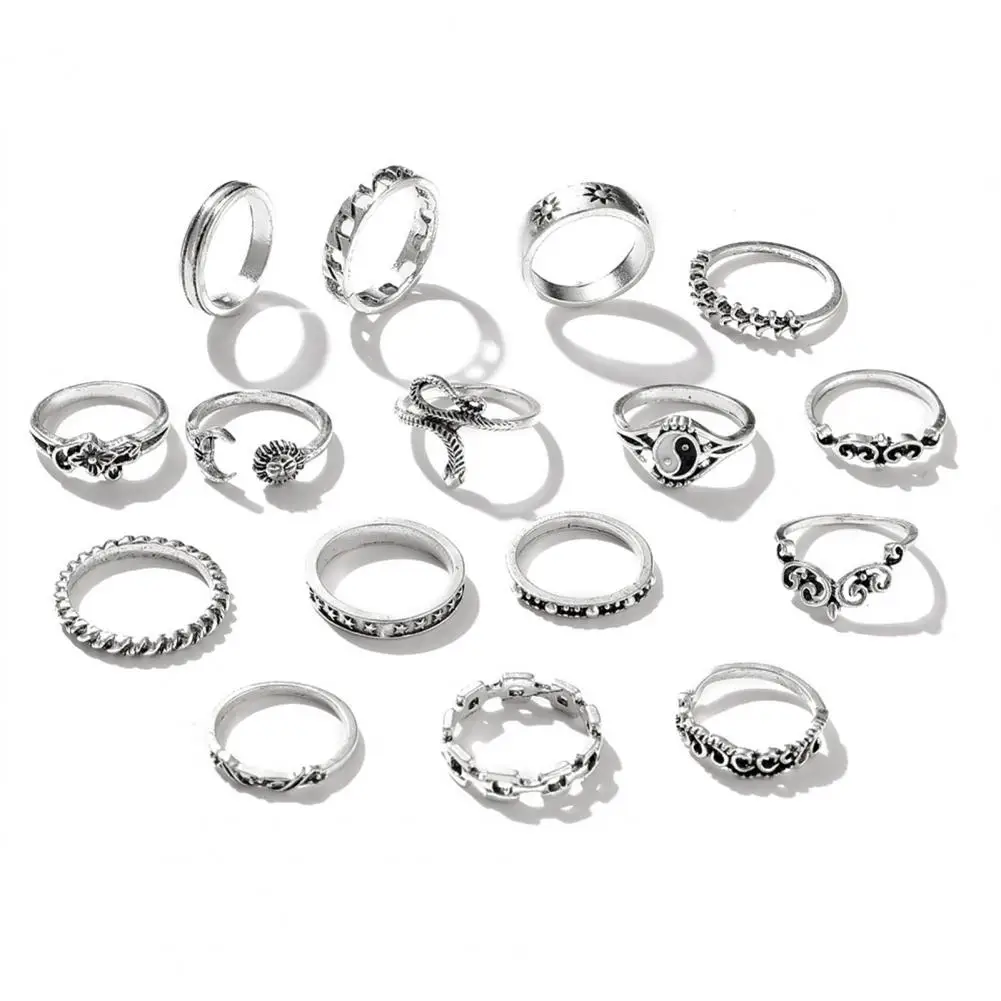 Retro Ring Set 15-piece Women's Ring Set Retro Sun Snake Flower Shapes Adjustable Open Rings for Prom Party Daily Wear Stylish