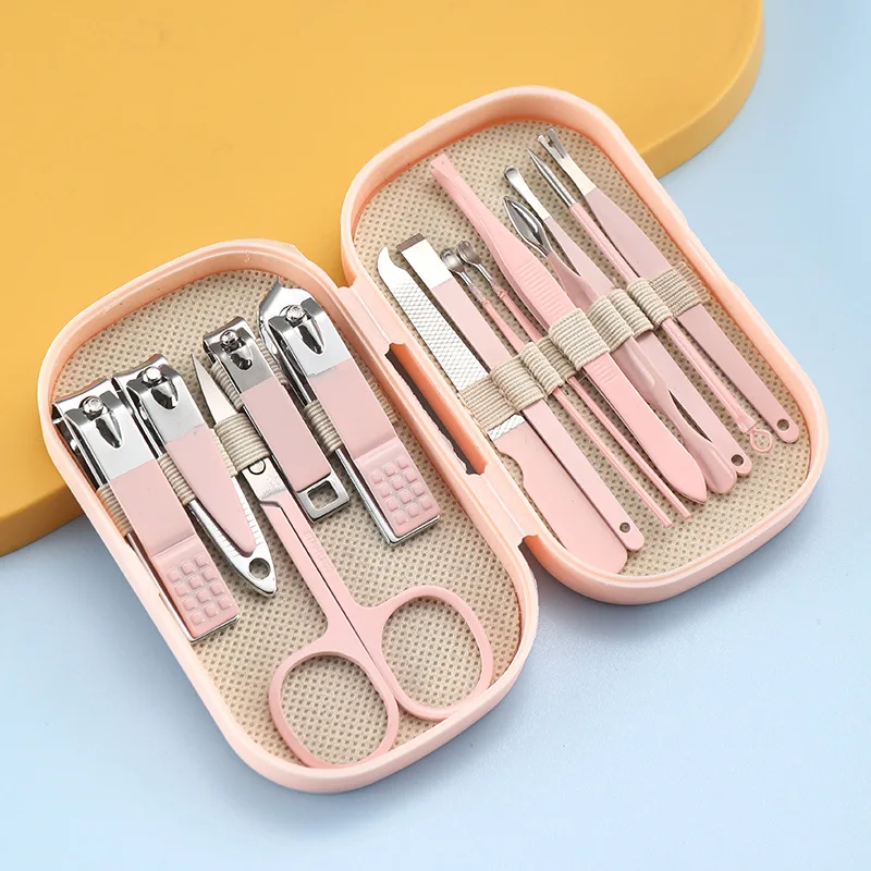 Set de lujo de 14 piezas de manicura y pedicura en acero inoxidable rosa y azul, tijeras, cortaúñas, cuchara para oídos, para hombres y mujeres 4