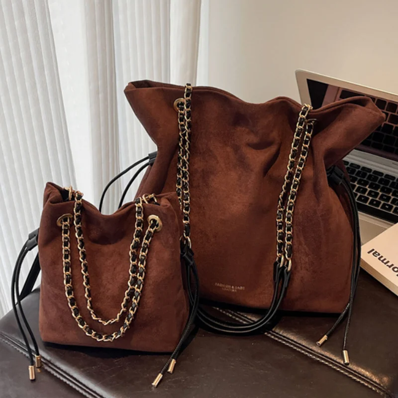 

Женская большая сумка большой вместимости, сумка-ведро из искусственной замши в стиле ретро, повседневная сумка через плечо с цепочкой и сумочкой на шнурке