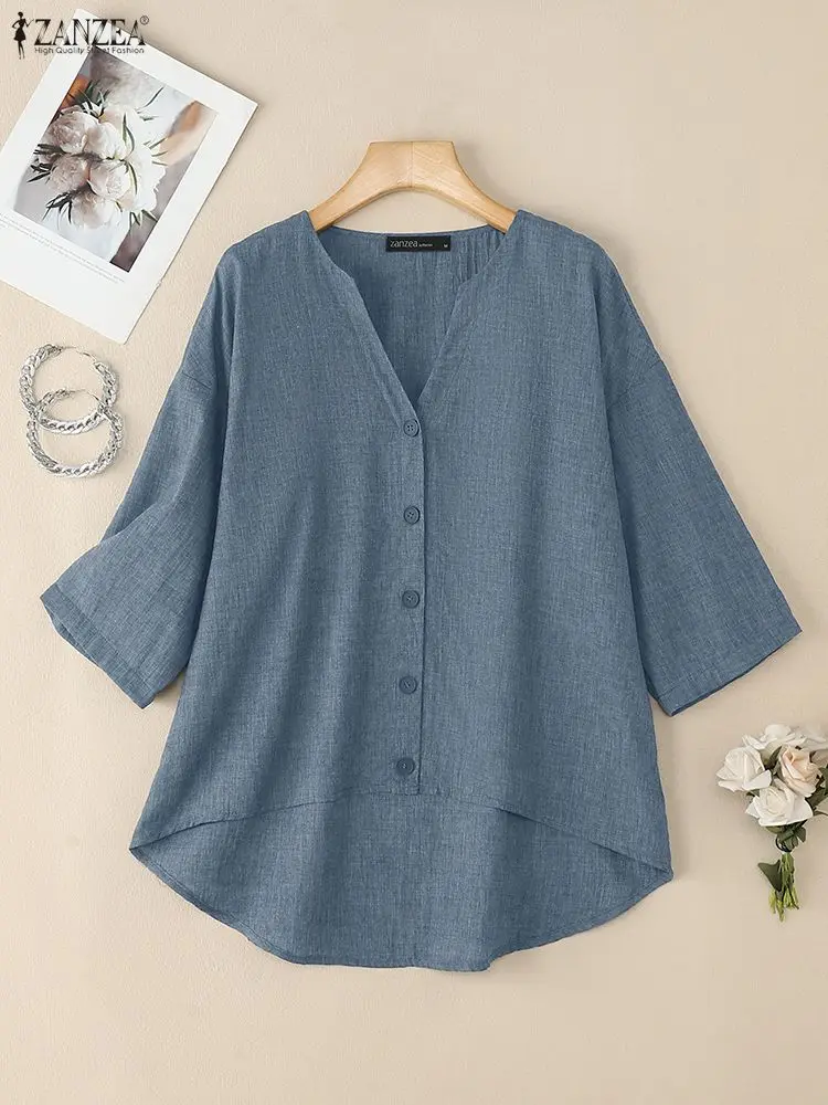 2025 ZANZEA Autumn V Neck Shirt Women Loose Blouses Casual 3/4 Sleeve Button Tops High Low Blusas Female OL Work Blouse Oversize