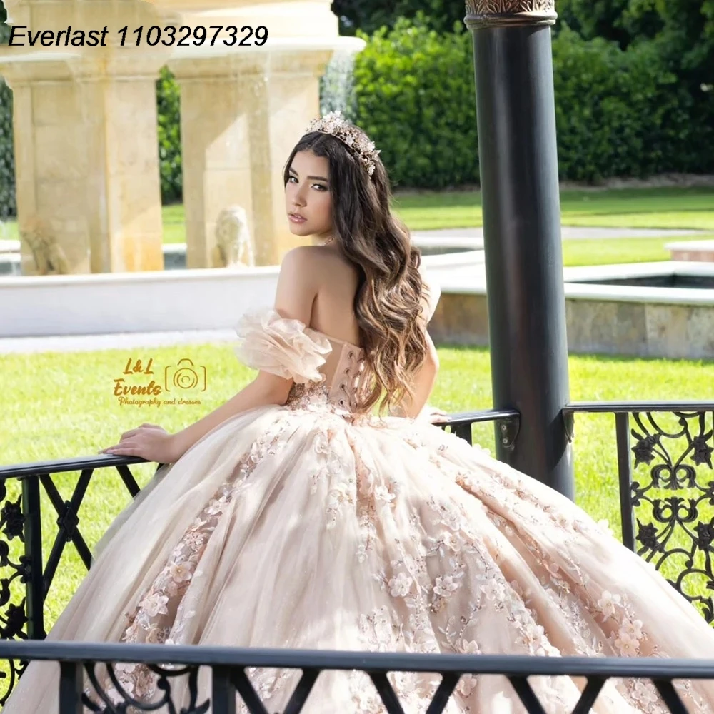 EVLAST Customized Champagne Crystal Beading Ball Gown Quinceanera Dress 3D Flowers Appliques Lace Vestidos De 15 Años TQD837