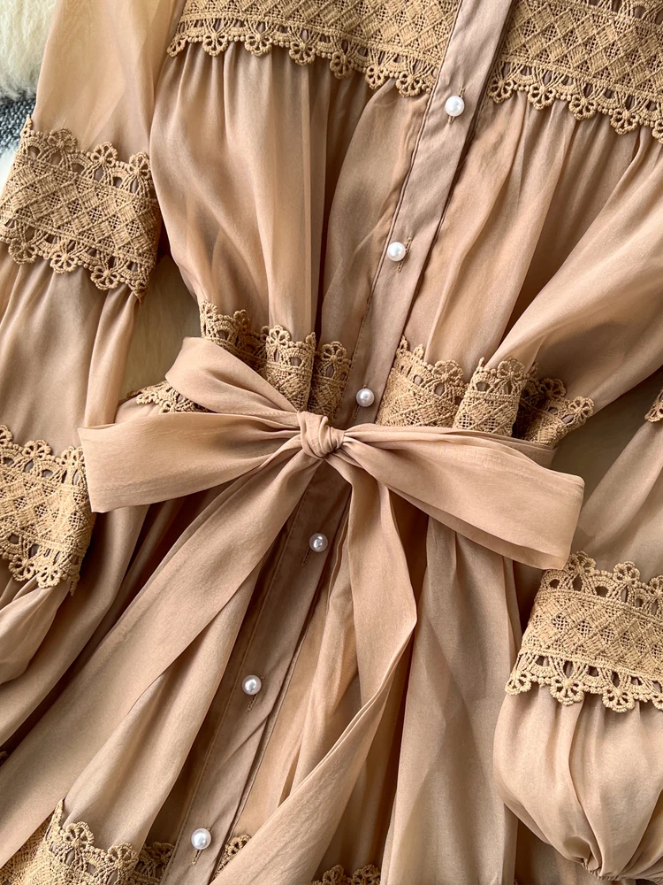 Luksusowa perłowa jednorzędowa długa koszulowa sukienka damska 2024 Jesień Vintage Koronkowe patchworkowe sukienki maxi z szarfami wiosna 4D122