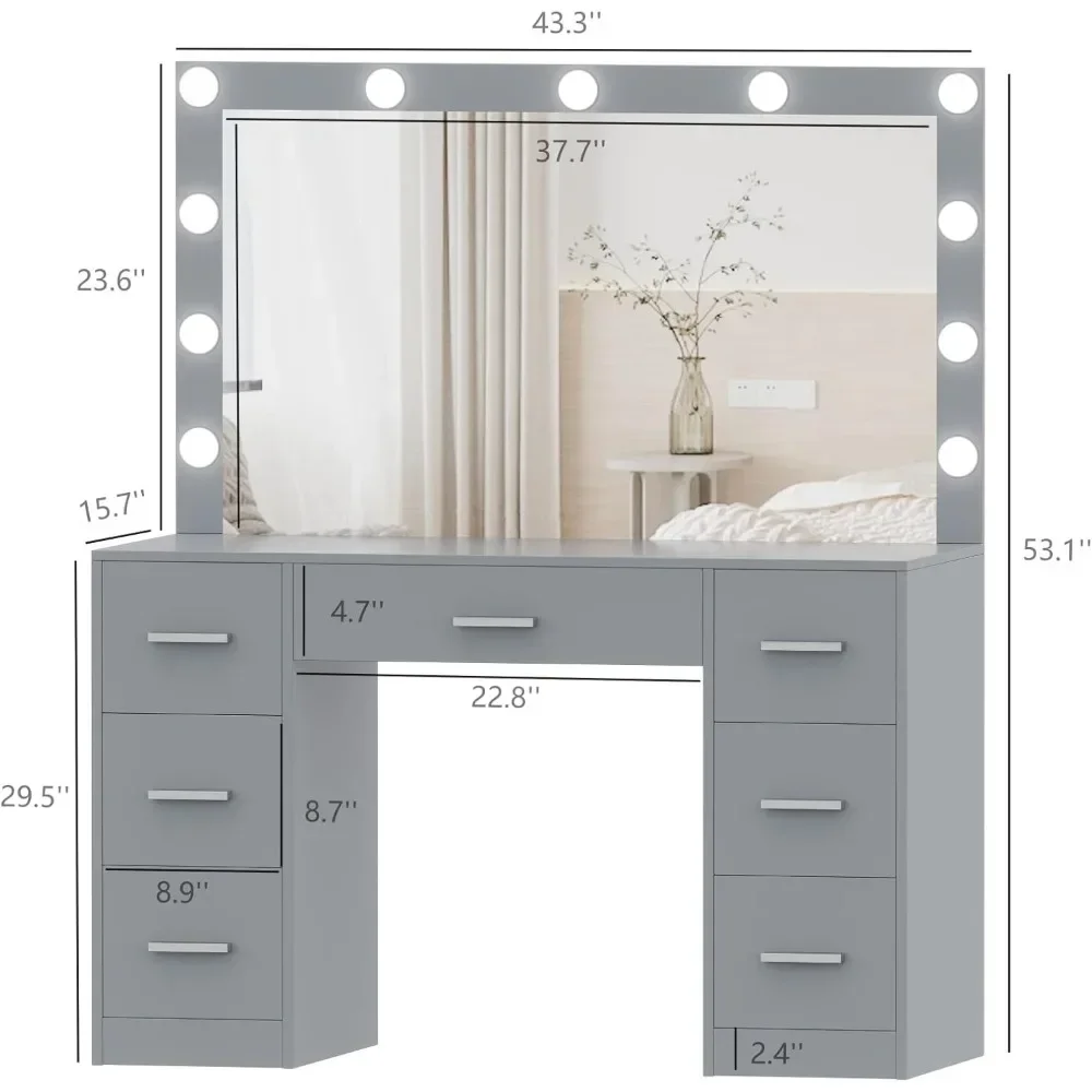 Vanity Desk, Lighted Mirror, 3 Color Lighting Modes, Dressing Table with Drawers, Bedroom Vanity Table Set for Women image 5