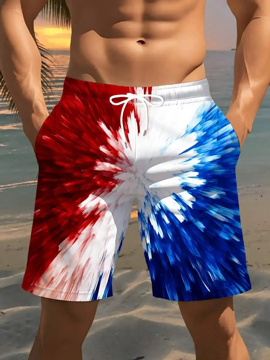 

Mens Beach Shorts Multi Color Powder Mist Print Casual Polyester Drawstring Waist Swim Trunks