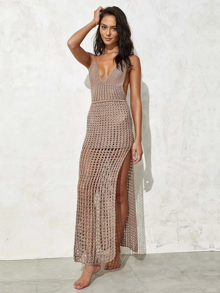 Knit Cut Out Sexy V-neck Halter Neck Low-cut Backless Slit Beach Maxi Dress Summer Holiday 2024 Woman Beachwear Cover-ups A2609