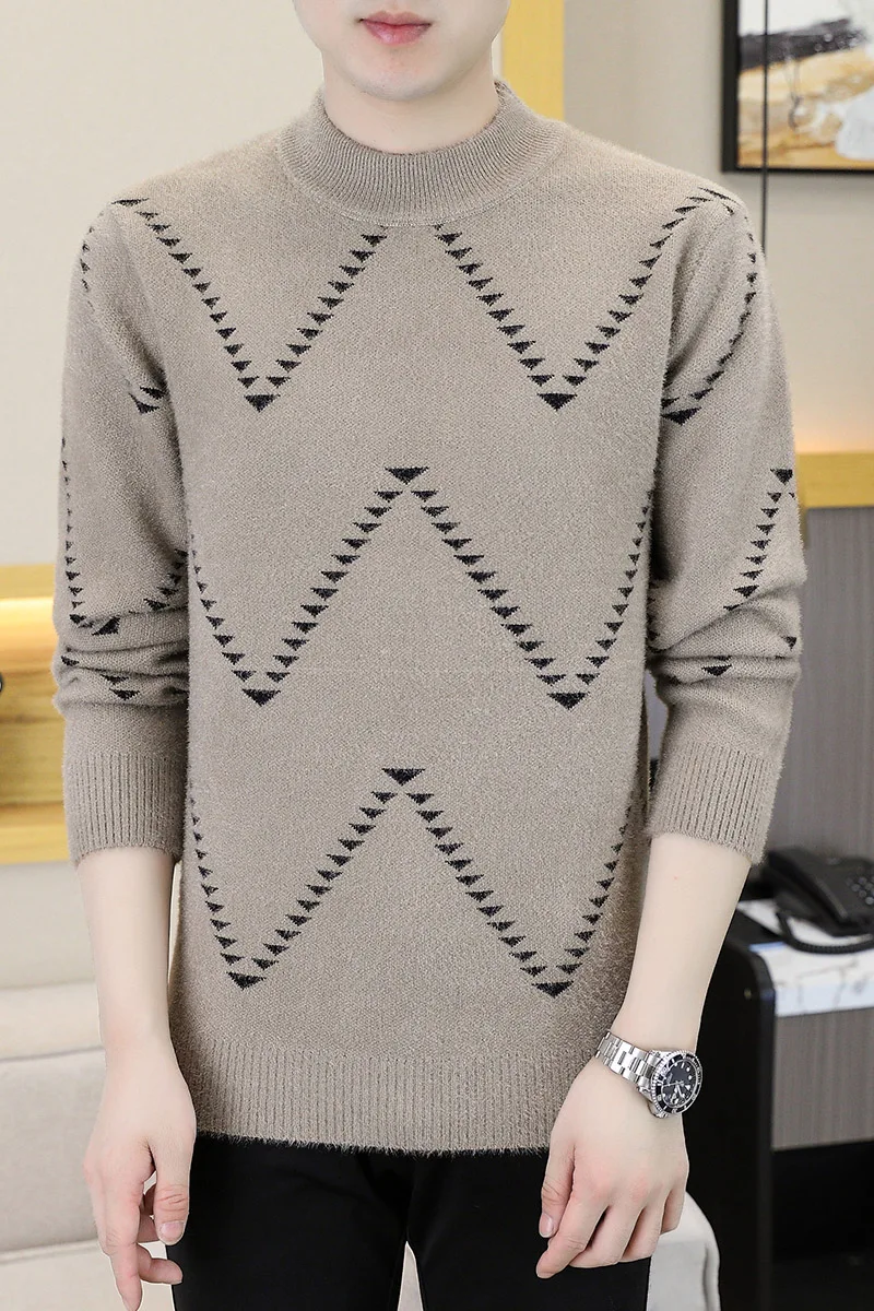 GIOIO men's sweater, half-high collar geometric pattern sweater, autumn and winter casual bottoming sweater