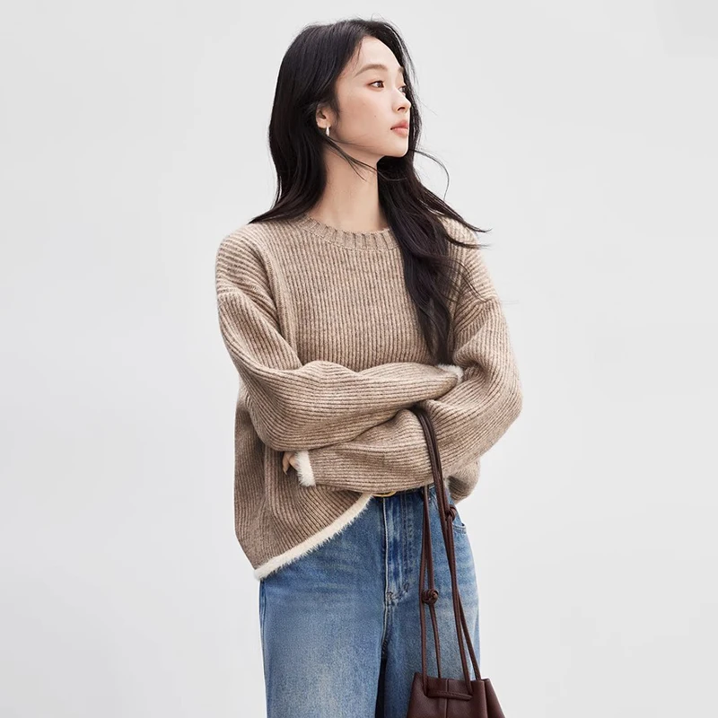 

Loose Sweater Pullovers Autumn Korean Ribbed Knitwear High Quality Long Sleeve O-Neck Knitted Sweater for Women Chic Patchwork